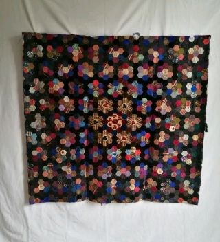 Antique Victorian Hexagon Patchwork Silk & Silk Velvet 106 X 110 Cm Beaded