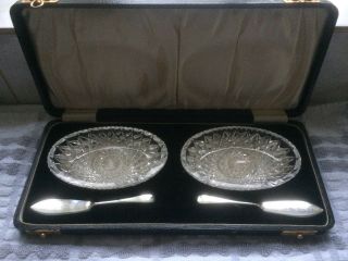 Vintage Art Deco Cased Cut Glass & Sterling Silver Butter Dishes - B 