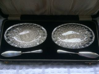 Vintage Art Deco Cased Cut Glass & Sterling Silver Butter Dishes - B ' ham 1928 2