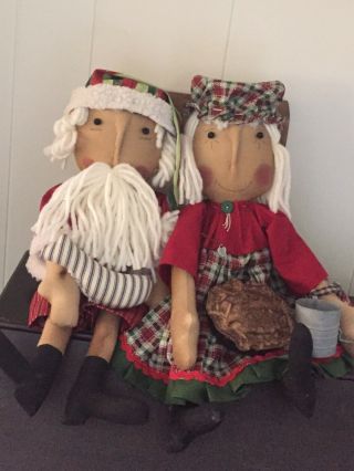 Primitive Folk Art Raggedy Ann Doll Mr.  Mrs.  Claus Christmas In July