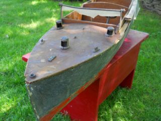 Prewar Metal toy boat 3 feet long FOLK ART partial mica windshield cruiser craft 2