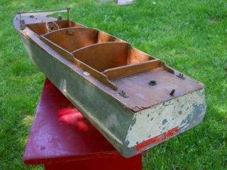 Prewar Metal toy boat 3 feet long FOLK ART partial mica windshield cruiser craft 6