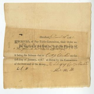 Revolutionary War Date Connecticut 1782 - Payment Receipt From Hartford,  Ct