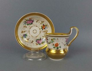 Antique Russian Imperil Porcelain Floral Cup And Saucer By Gardner Factory C1850