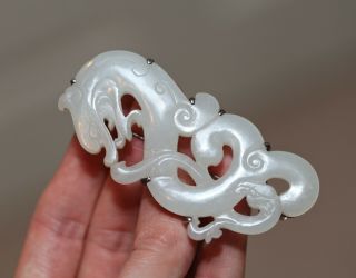 Antique Chinese Carved White Jade Dragon Pendant,  Silver Set,  18th Century,  Qing