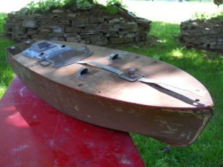 PreWar metal clockwork Toy boat ORKIN CRAFT metal hull folk art over 2 feet long 3