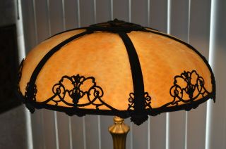 Vintage Art Nouveau 6 Panel Caramel Slag Glass 2 Bulb Lamp