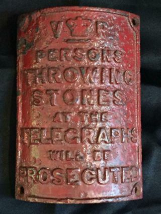 Antique Victorian Painted Cast Iron " Persons Throwing Stones At Telegraphs " Sign