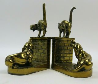 Antique Bookends Jb Jennings Brothers Bronze With Cat & Dog Brass Book Ends