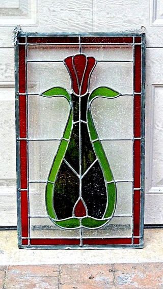 Antique Leaded Stained Glass Ornamental Panel /window W/tulip Flower In A Vase