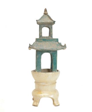 Chinese Glazed Shiwan Pottery Lantern / Pagoda Form,  In Off White And Turquoise