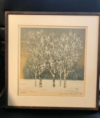 Joichi Hoshi Signed 1976 Japanese Woodblock Birch Trees Winter Print/mat/frame