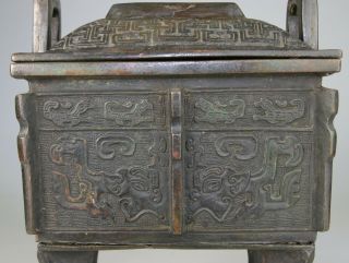 ANTIQUE CHINESE BRONZE CENSER INCENSE BURNER ARCHAIC STYLE MARK - MING QING 17TH 5