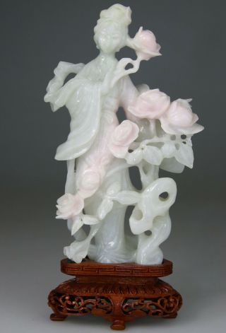 Antique Chinese White Jade Figure Statue Carved Kwanyin Stand - Late Qing 19th