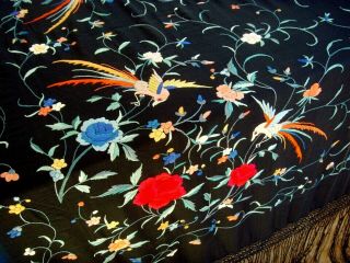 ANTIQUE VINTAGE HAND EMBROIDERED CHINESE LARGE SILK PIANO SHAWL TABLECLOTH BIRDS 10