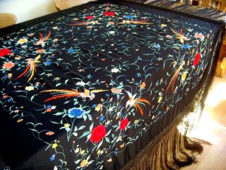 ANTIQUE VINTAGE HAND EMBROIDERED CHINESE LARGE SILK PIANO SHAWL TABLECLOTH BIRDS 11
