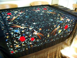 Antique Vintage Hand Embroidered Chinese Large Silk Piano Shawl Tablecloth Birds