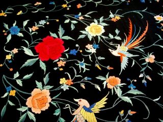 ANTIQUE VINTAGE HAND EMBROIDERED CHINESE LARGE SILK PIANO SHAWL TABLECLOTH BIRDS 2