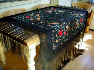 ANTIQUE VINTAGE HAND EMBROIDERED CHINESE LARGE SILK PIANO SHAWL TABLECLOTH BIRDS 4