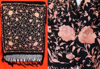 Antique Black Silk Pink Floral Embroidered Manton De Manila Flamenco Piano Shawl