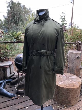 Vtg 1950s Military Army Korean War Vietnam Distressed Belted Trench Overcoat