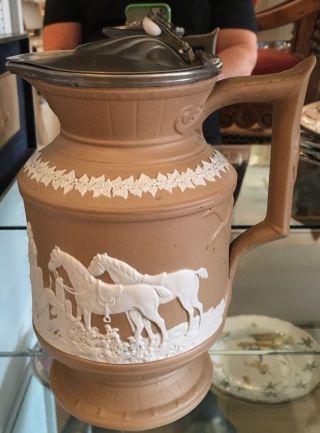 Antique English Pottery & Pewter Hunt Jug W Dogs & Horses