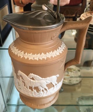 Antique English Pottery & Pewter Hunt Jug w Dogs & Horses 2