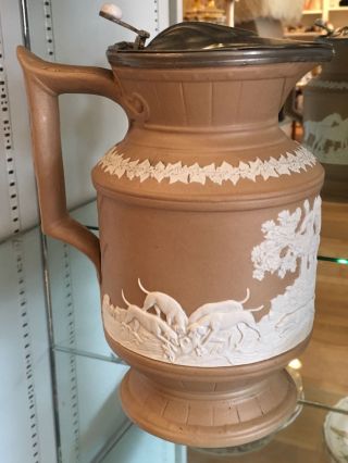 Antique English Pottery & Pewter Hunt Jug w Dogs & Horses 3
