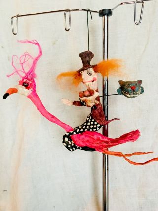 Primitive Handsculpted Papermache Mad Hatter Riding Flamingo Cheshire Cat 8”