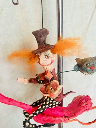 Primitive HANDSCULPTED PAPERMACHE MAD HATTER RIDING FLAMINGO CHESHIRE CAT 8” 3