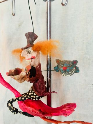 Primitive HANDSCULPTED PAPERMACHE MAD HATTER RIDING FLAMINGO CHESHIRE CAT 8” 4