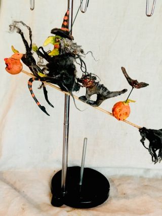 Primitive Handsculpted Halloween Witch Riding Broom With Ghoul Buddies 6” Orny