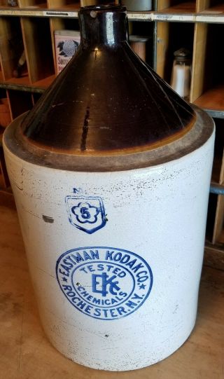 Stoneware Crock Eastman Kodak Chemical Jug 5 Rochester N.  Y Vintage Antique