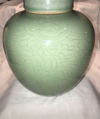Vtg Chinese Celadon Porcelain Lidded 10” Ginger Jar Lotus/Flower Design SIGNED 7