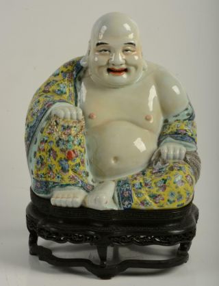 Rare Antique Chinese Porcelain Famille Rose Laughing Buddha Carved Stand Mark