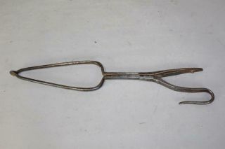 RARE 18TH C AMERICAN WROUGHT IRON PIPE TONGS GREAT HANDLES GREAT POLISHED PATINA 3