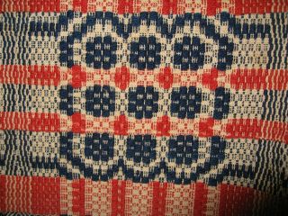 Antique Red,  White,  & Blue Overshot Coverlet In A Nine Rose Pattern