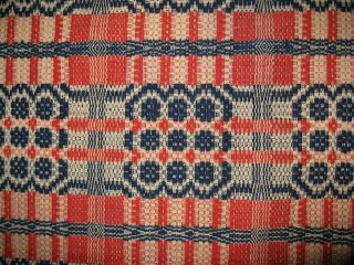 Antique Red,  White,  & Blue Overshot Coverlet in a Nine Rose Pattern 2