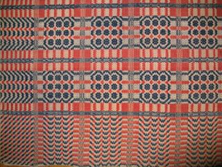 Antique Red,  White,  & Blue Overshot Coverlet in a Nine Rose Pattern 3
