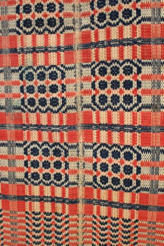 Antique Red,  White,  & Blue Overshot Coverlet in a Nine Rose Pattern 6