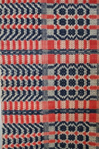 Antique Red,  White,  & Blue Overshot Coverlet in a Nine Rose Pattern 7