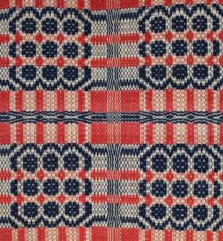 Antique Red,  White,  & Blue Overshot Coverlet in a Nine Rose Pattern 8