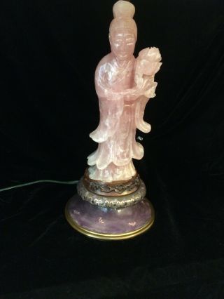 Chinese Rose Quartz Quen Yang Figurine On Base,  Now Lamp.  Lamp 25” H.
