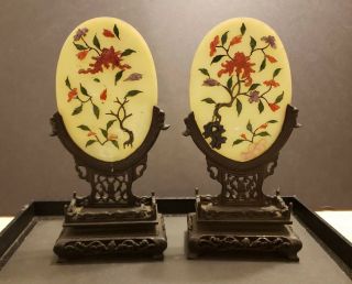 Chinese Jade Coral Table Screen Pair