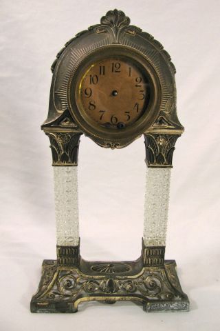 Vintage Mantle Clock Acrylic Pillars Brass Base Ornate Decor Hollywood Regency