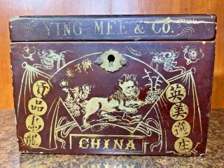 1 Antique 19th Century Ying Mee Tea Co.  Chinese Wooden Lacquered Tea Box W/tin