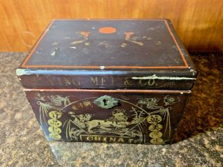 1 Antique 19th Century Ying Mee Tea Co.  Chinese Wooden Lacquered Tea Box w/Tin 2