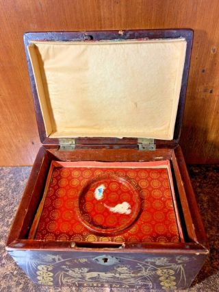 1 Antique 19th Century Ying Mee Tea Co.  Chinese Wooden Lacquered Tea Box w/Tin 9