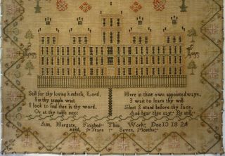 EARLY 19TH CENTURY SOLOMON ' S TEMPLE & VERSE SAMPLER BY ANN HARGATE AGED 9 - 1824 3