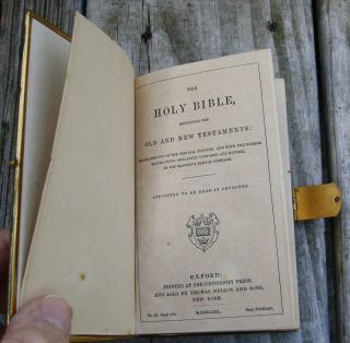 Antique 1870 Bible brown felt cover w / brass clasp & edging 6